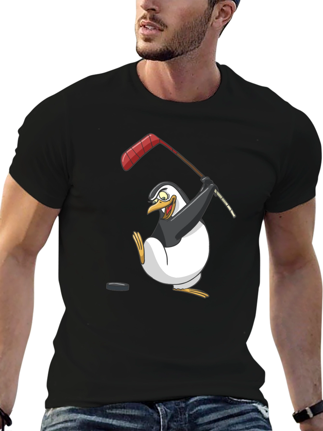 Penguin Hockey Player Graphic T-Shirt