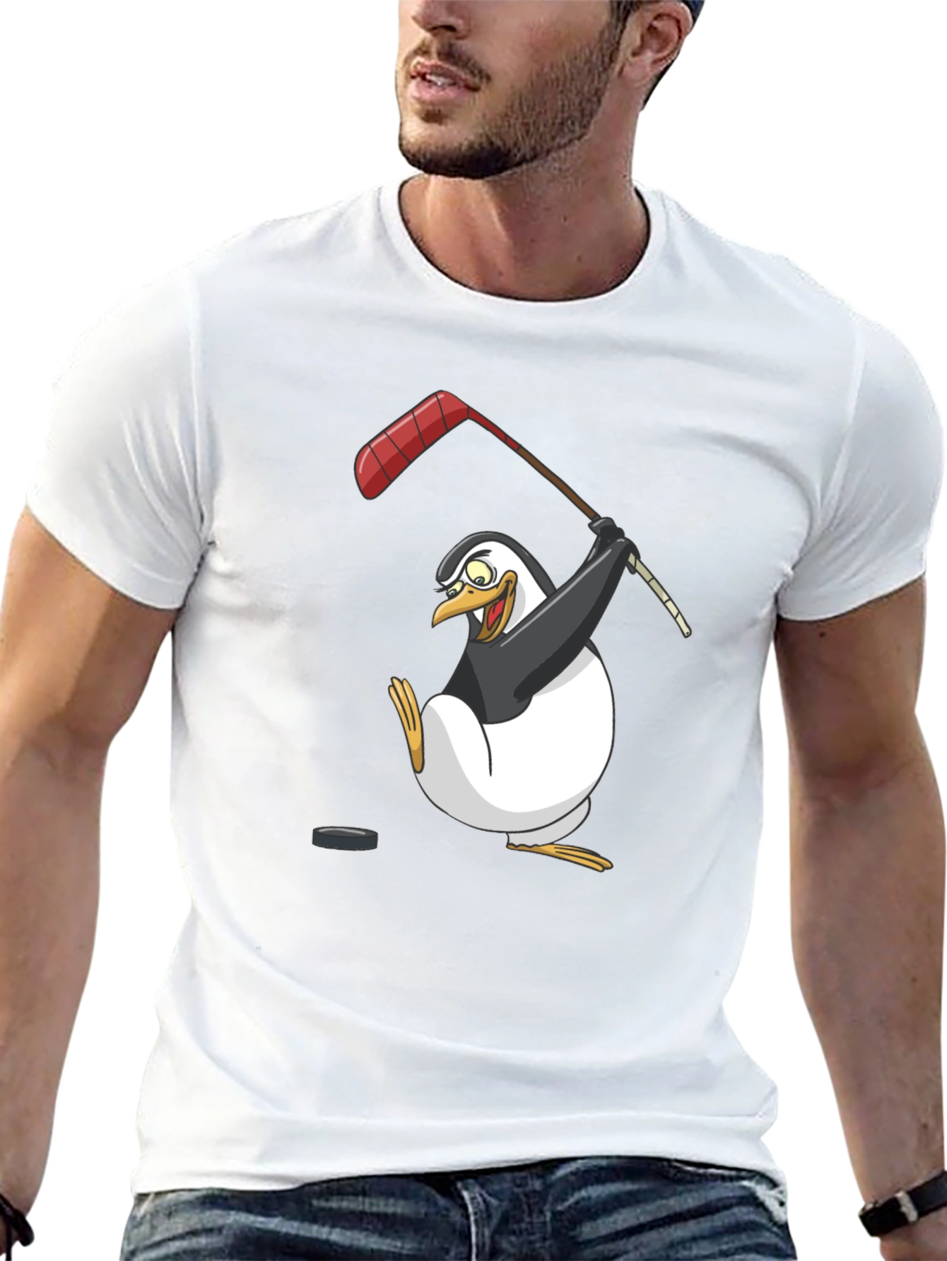 Penguin Hockey Player Graphic T-Shirt