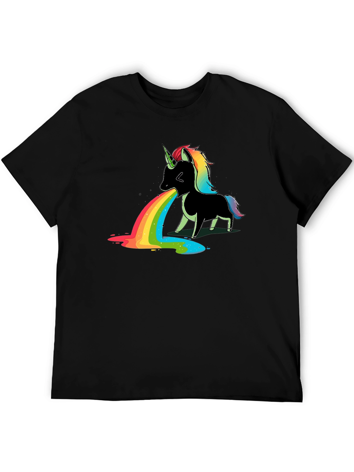 Unicorn Puke Rainbow Graphic Tee - Black Cotton Shirt