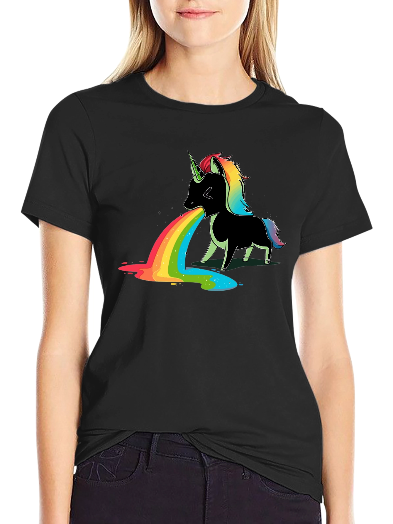 Unicorn Puke Rainbow Graphic Tee - Black Cotton Shirt