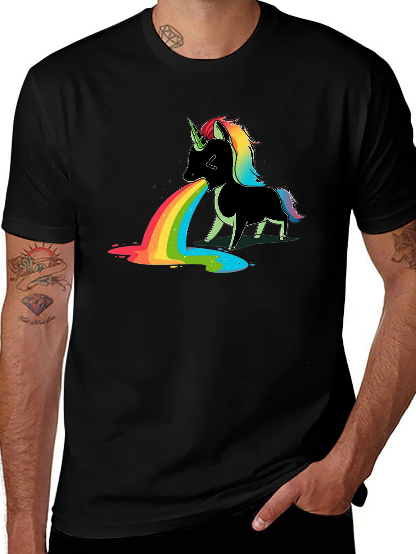 Unicorn Puke Rainbow Graphic Tee - Black Cotton Shirt