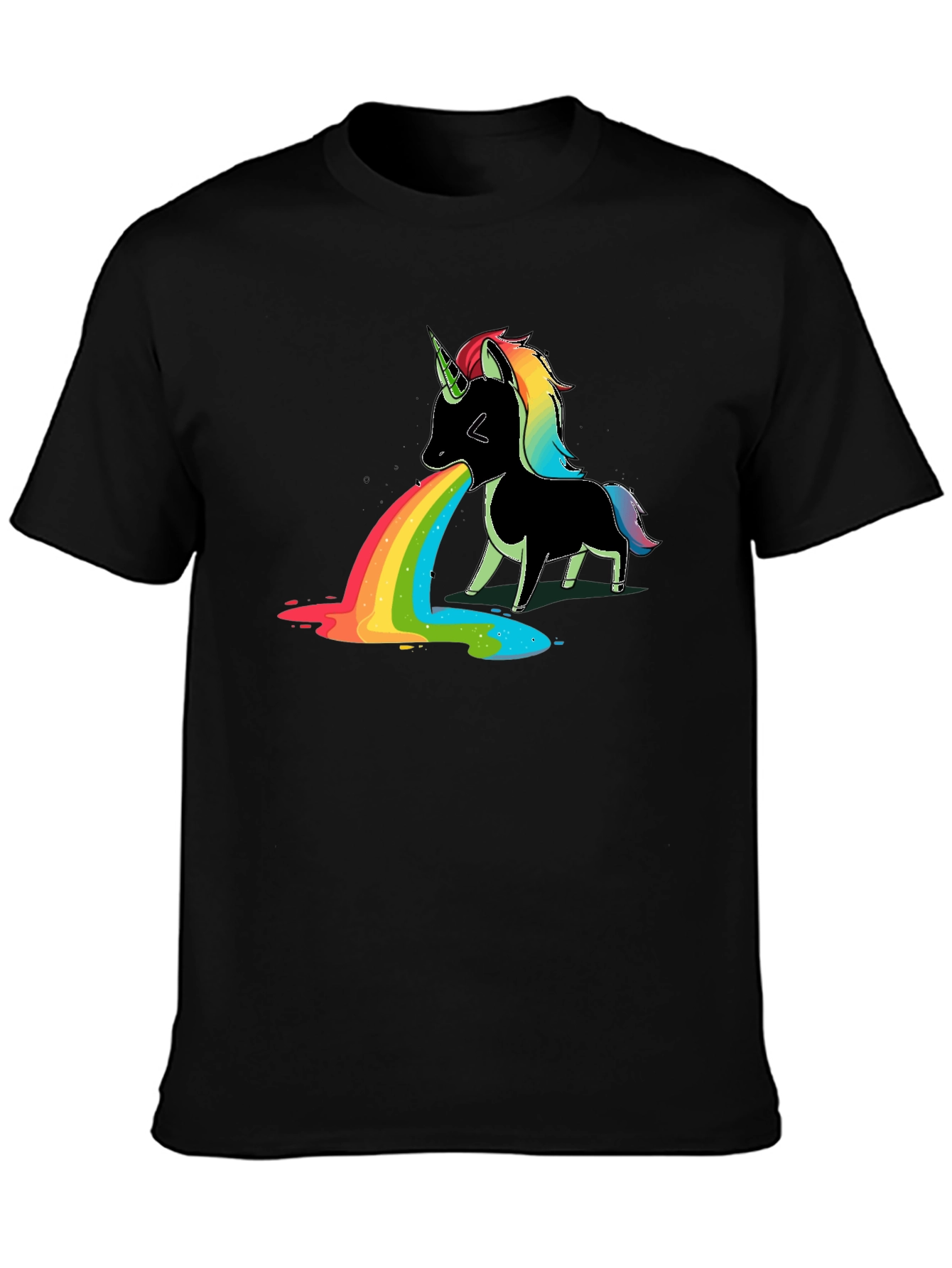 Unicorn Puke Rainbow Graphic Tee - Black Cotton Shirt