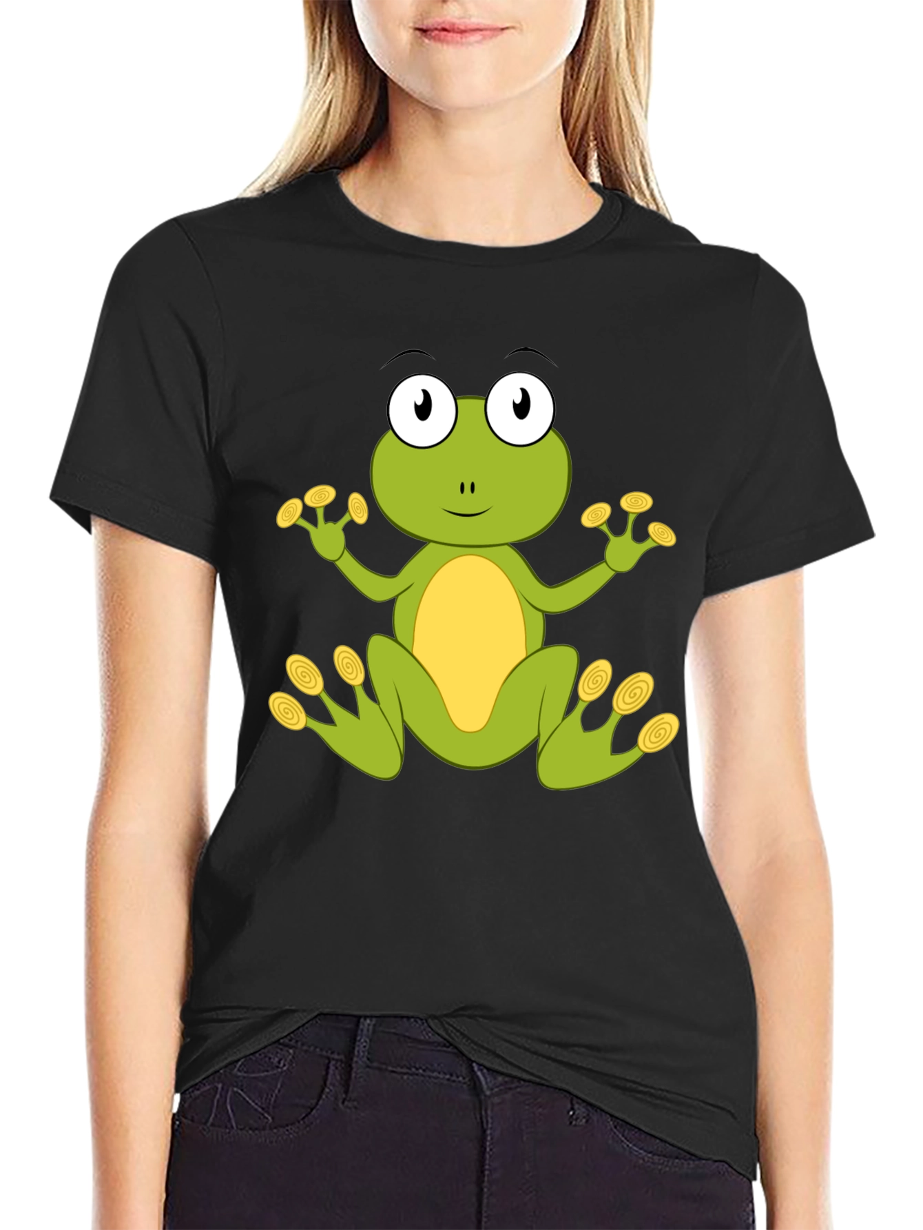 Cute Frog Graphic T-Shirt - Black Cotton Blend
