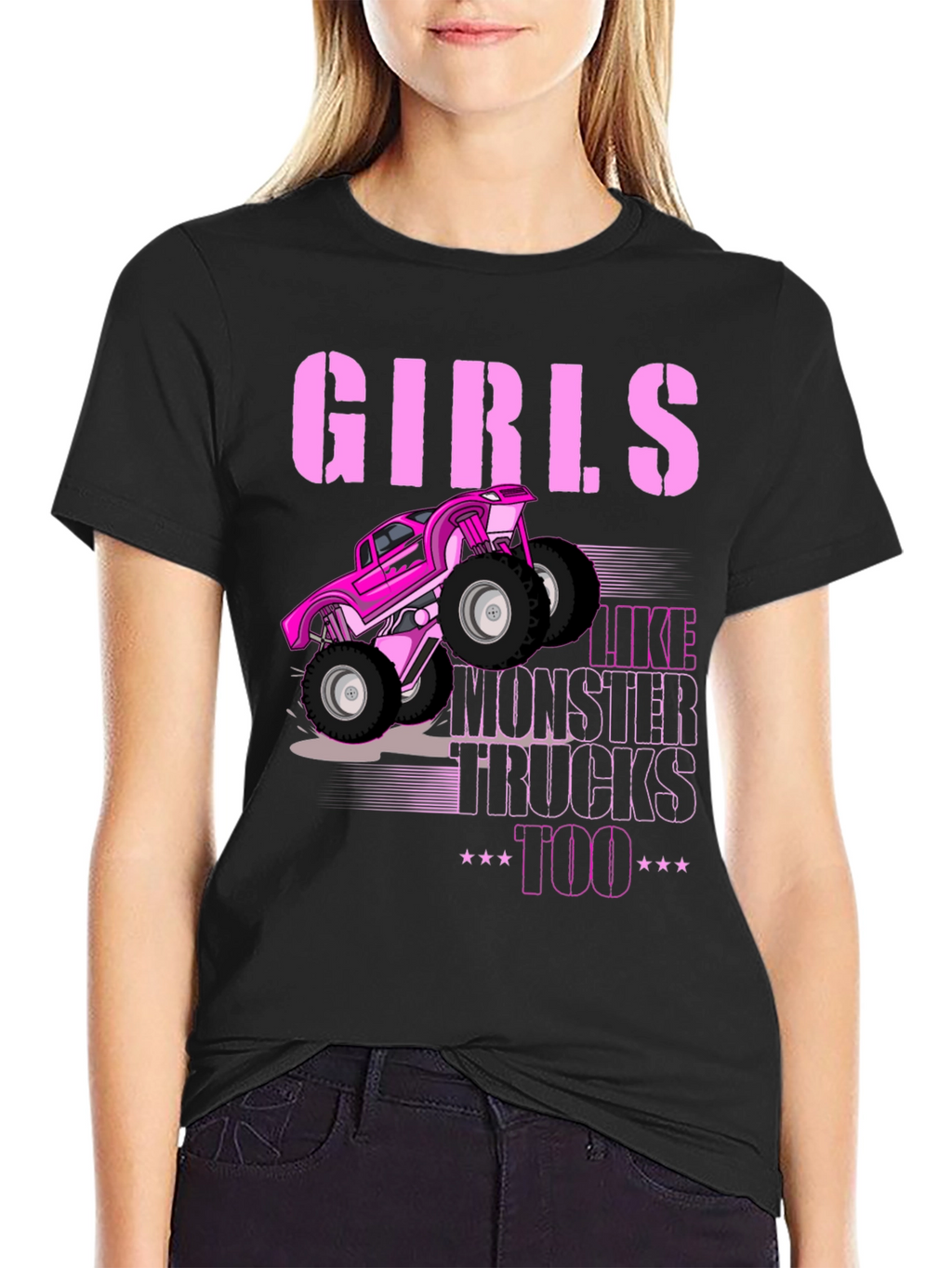 Girls Like Monster Trucks Too - Black Graphic Tee