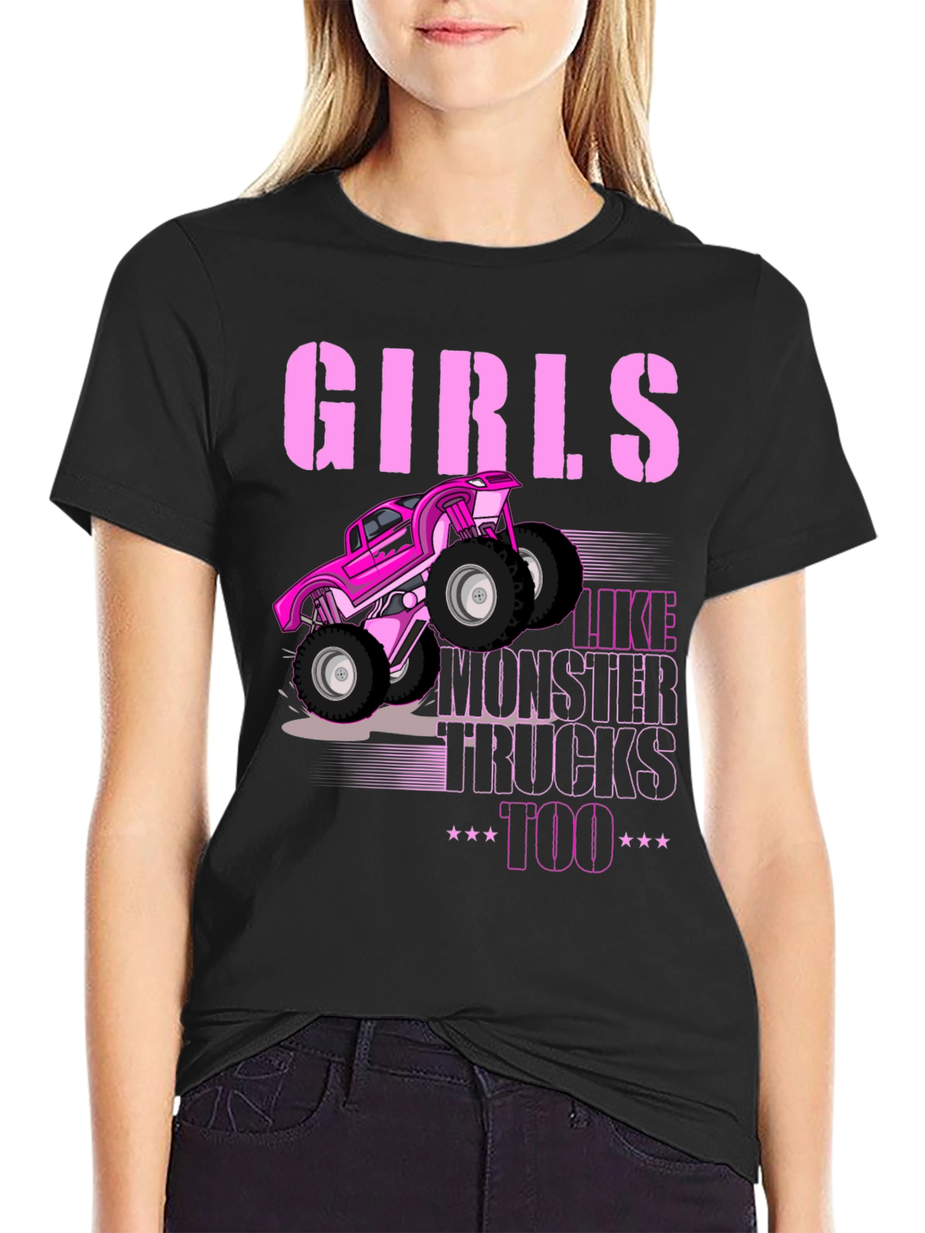 Girls Like Monster Trucks Too - Black Graphic Tee
