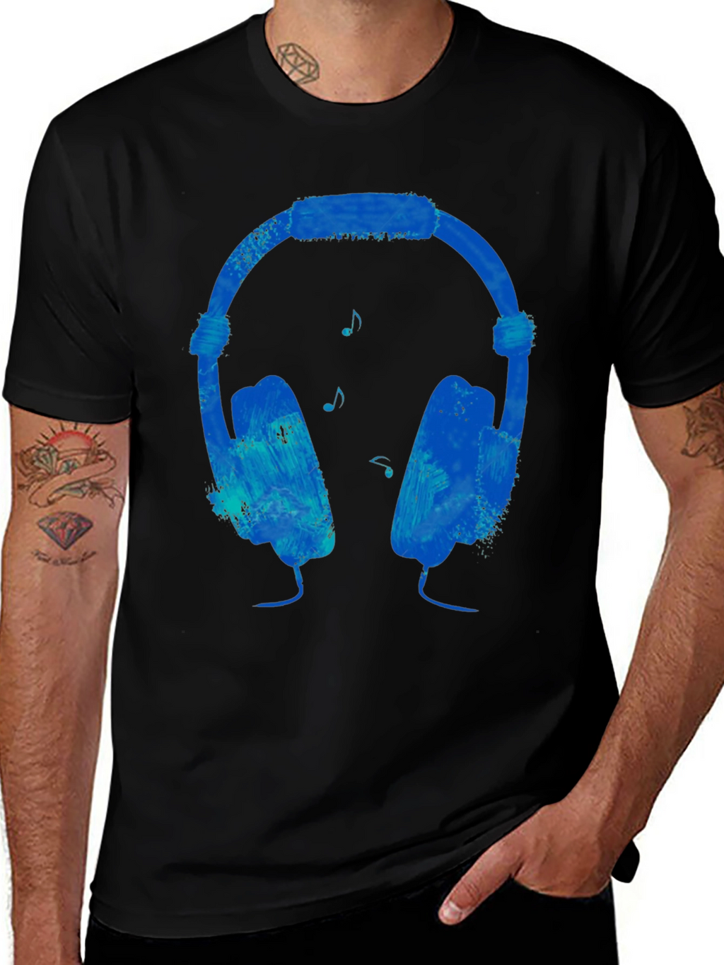 Blue Headphones Graphic Black T-Shirt