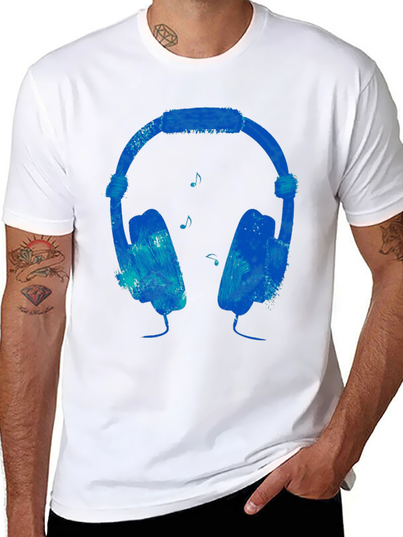 Blue Headphones Graphic Black T-Shirt
