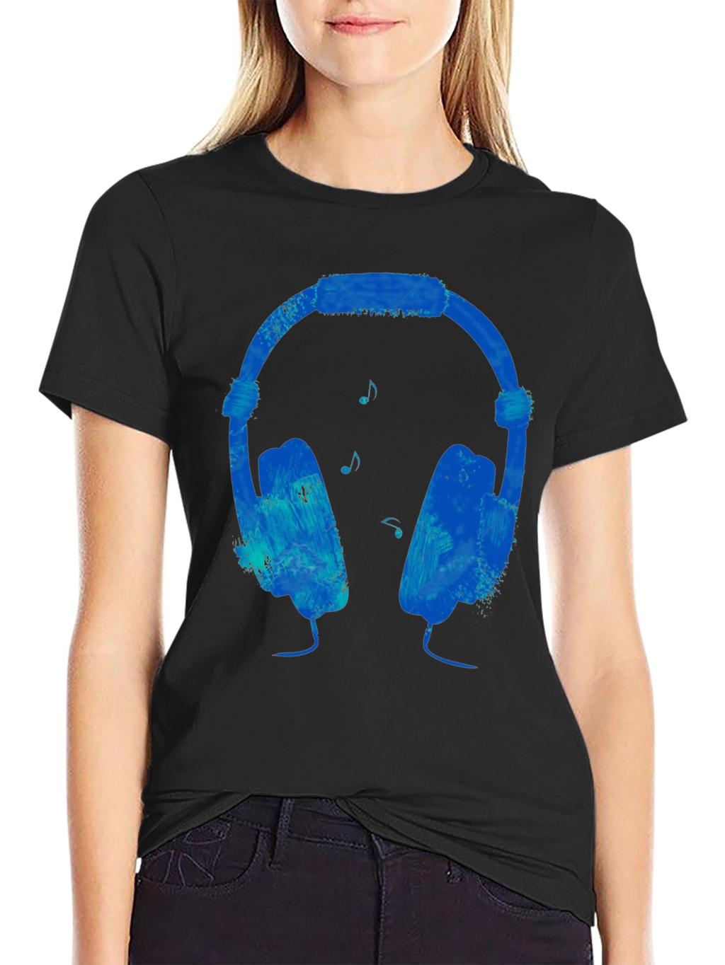 Blue Headphones Graphic Black T-Shirt