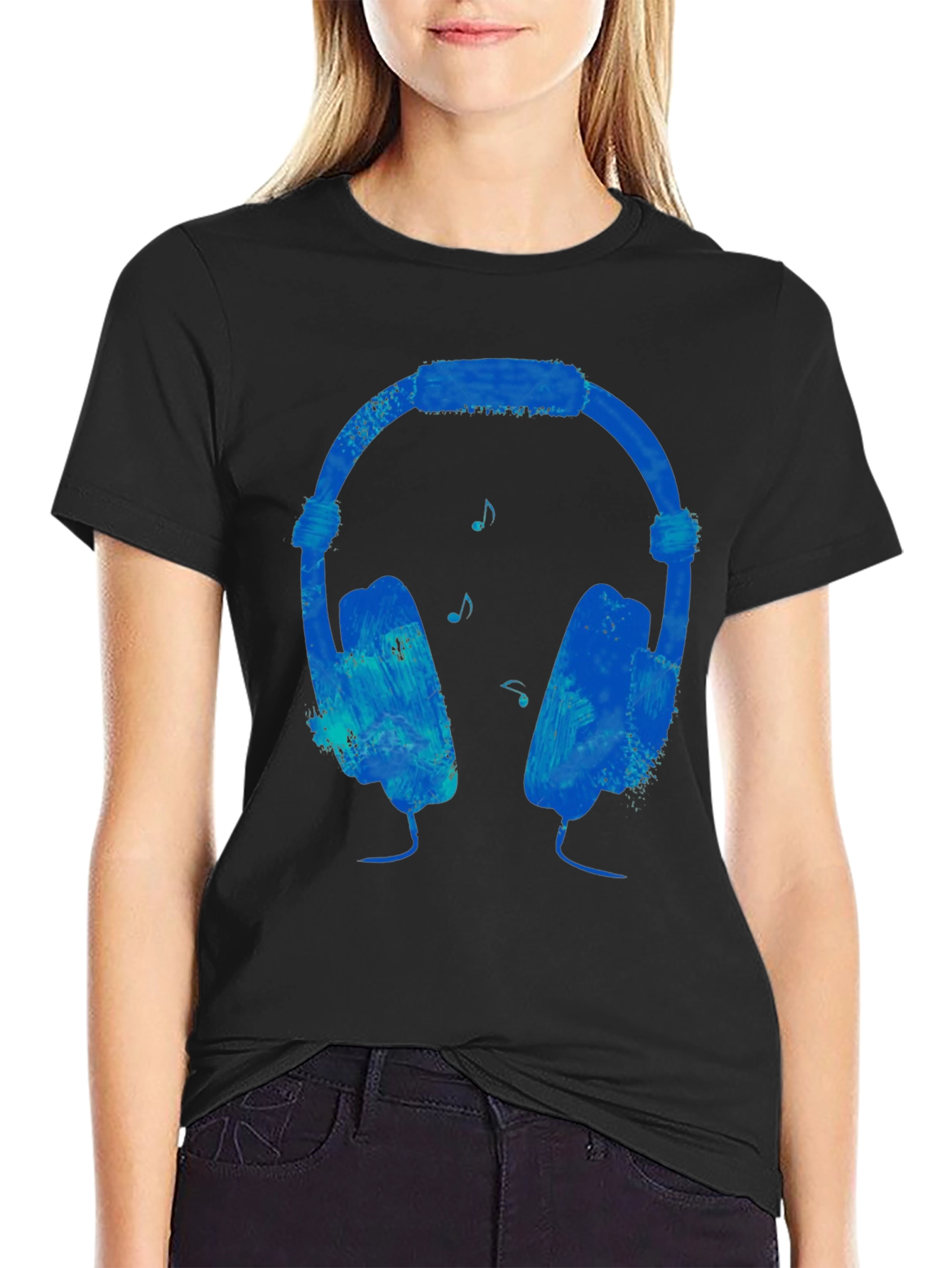Blue Headphones Graphic Black T-Shirt