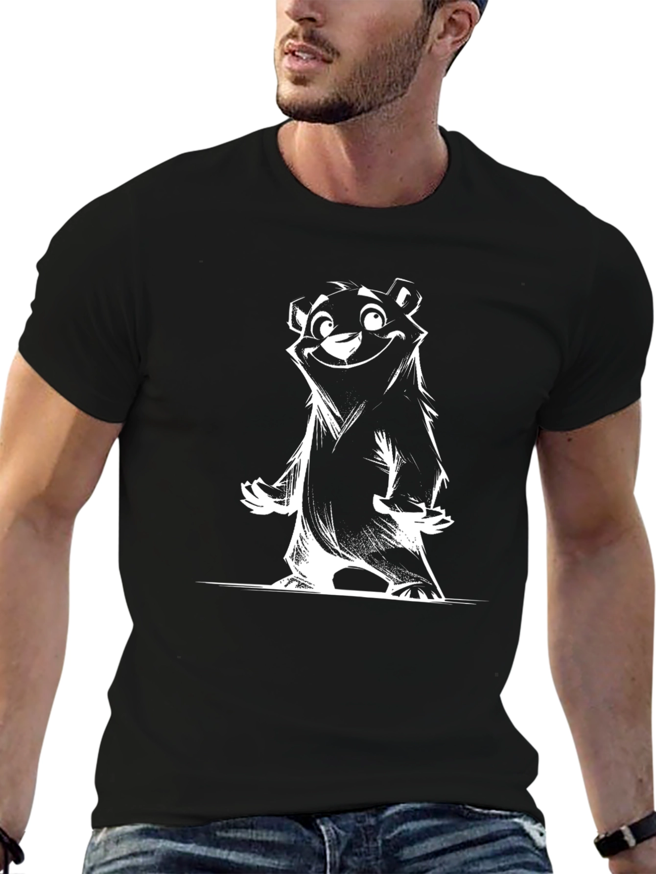 Black T-Shirt with Cartoon Bear Print