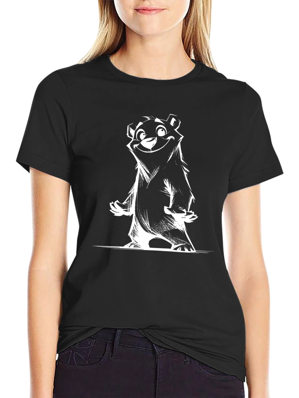 Black T-Shirt with Cartoon Bear Print