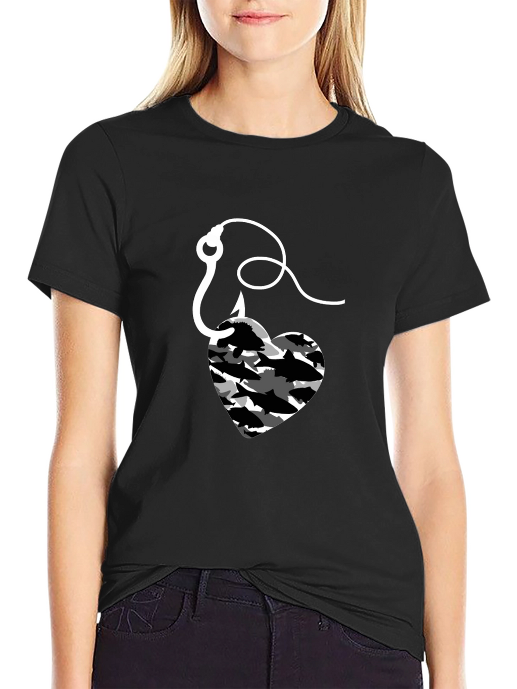 Fishing Heart Hook T-Shirt - Mens Black Tee