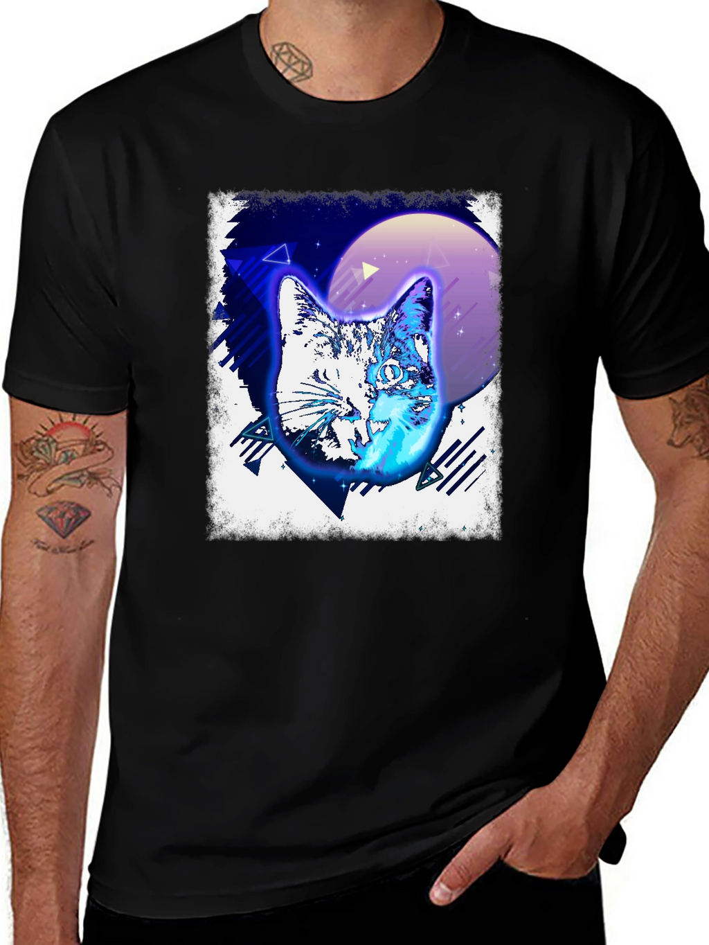 Retro Cat Graphic Tee - Black Cotton T-Shirt
