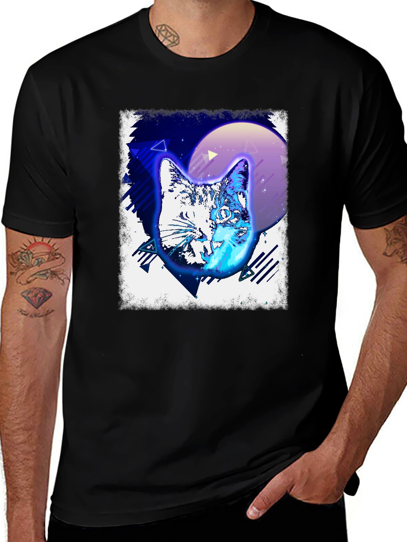 Retro Cat Graphic Tee - Black Cotton T-Shirt
