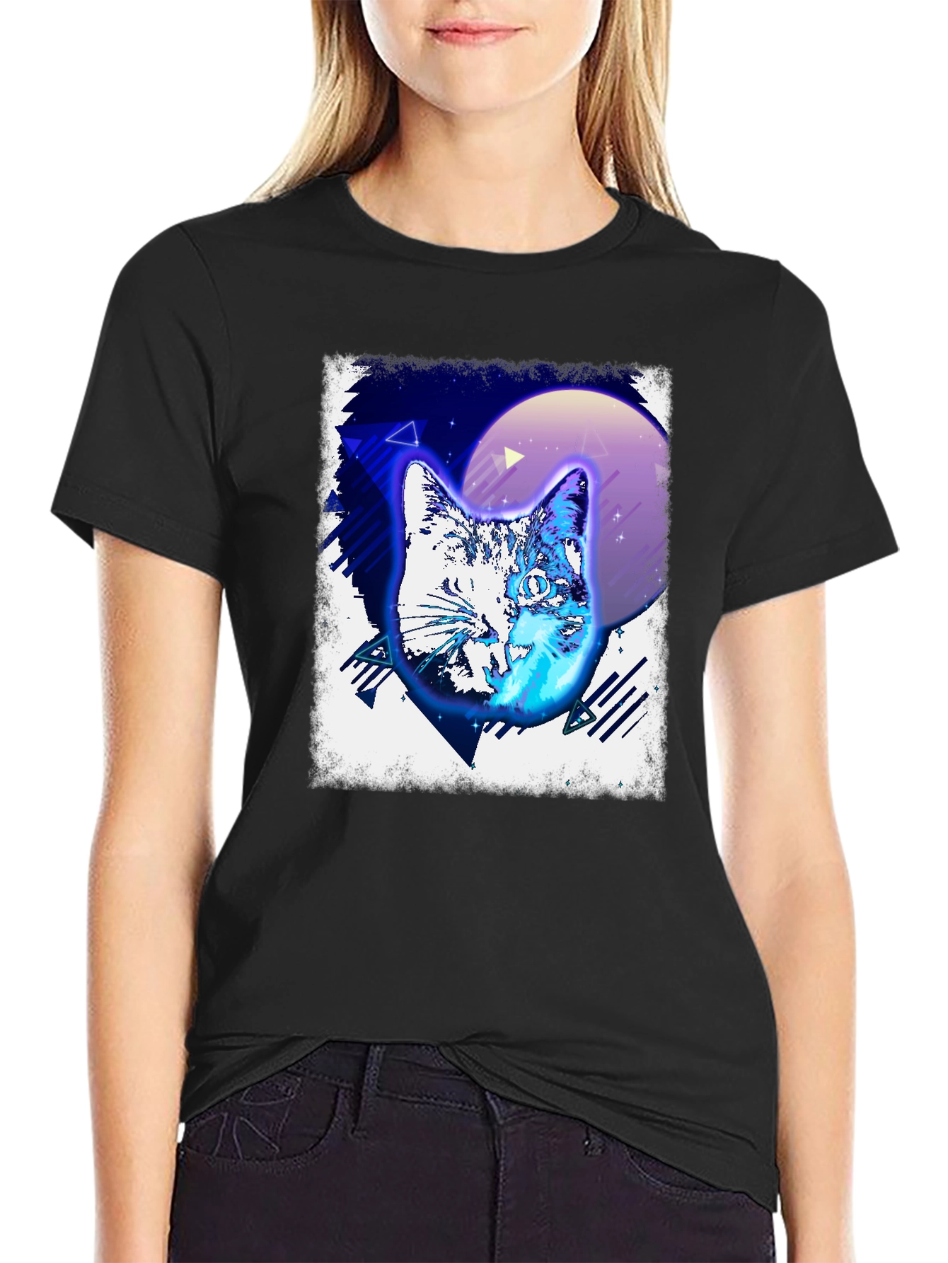 Retro Cat Graphic Tee - Black Cotton T-Shirt