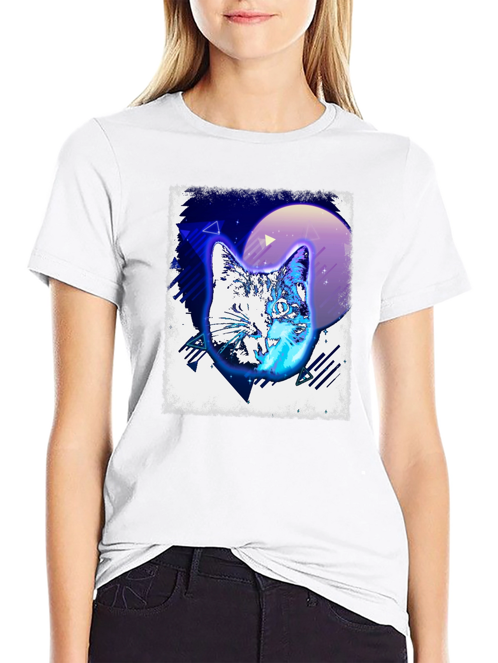 Retro Cat Graphic Tee - Black Cotton T-Shirt