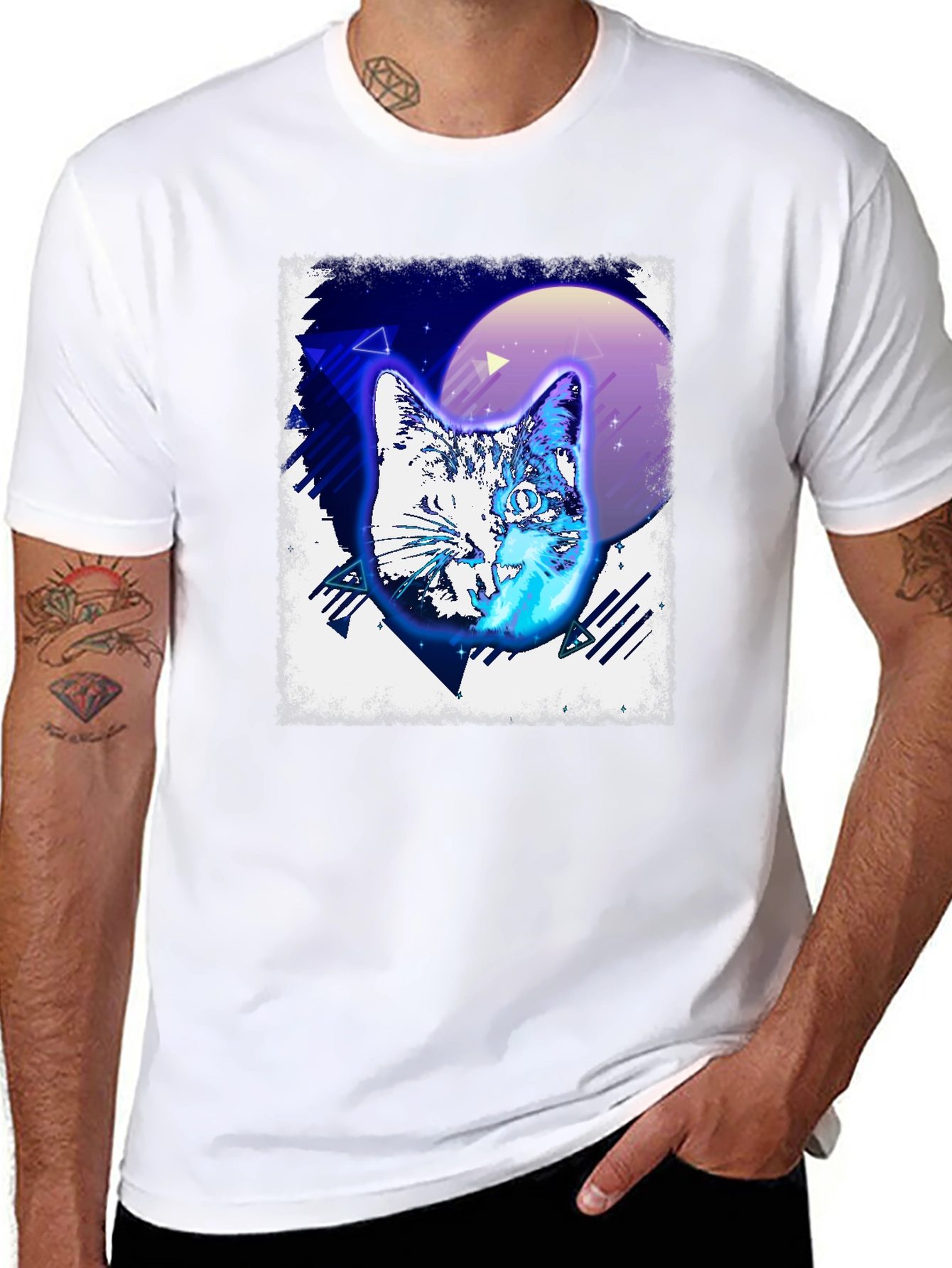 Retro Cat Graphic Tee - Black Cotton T-Shirt
