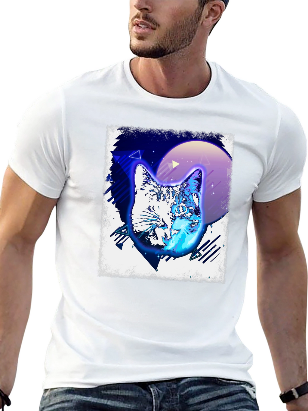 Retro Cat Graphic Tee - Black Cotton T-Shirt