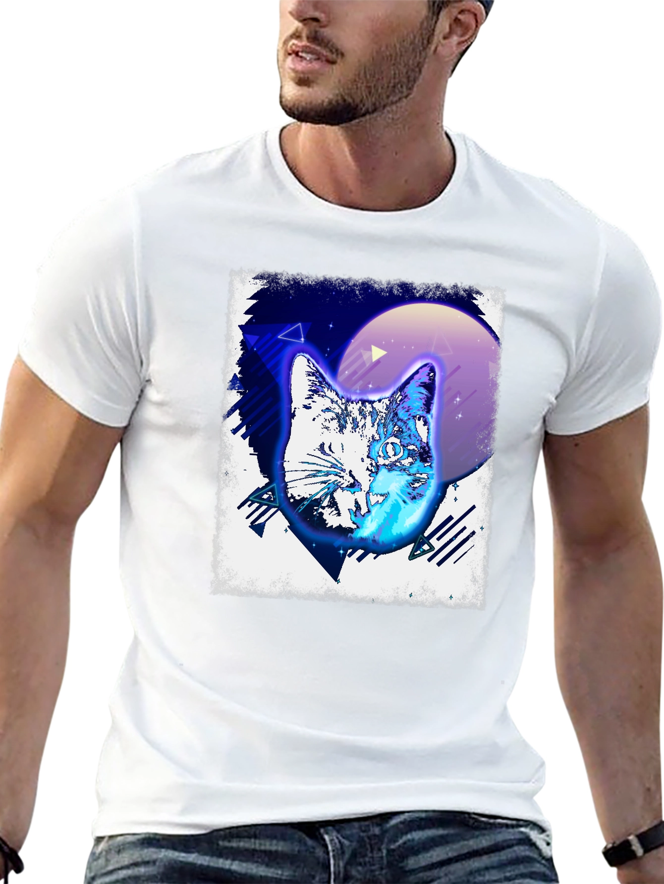 Retro Cat Graphic Tee - Black Cotton T-Shirt