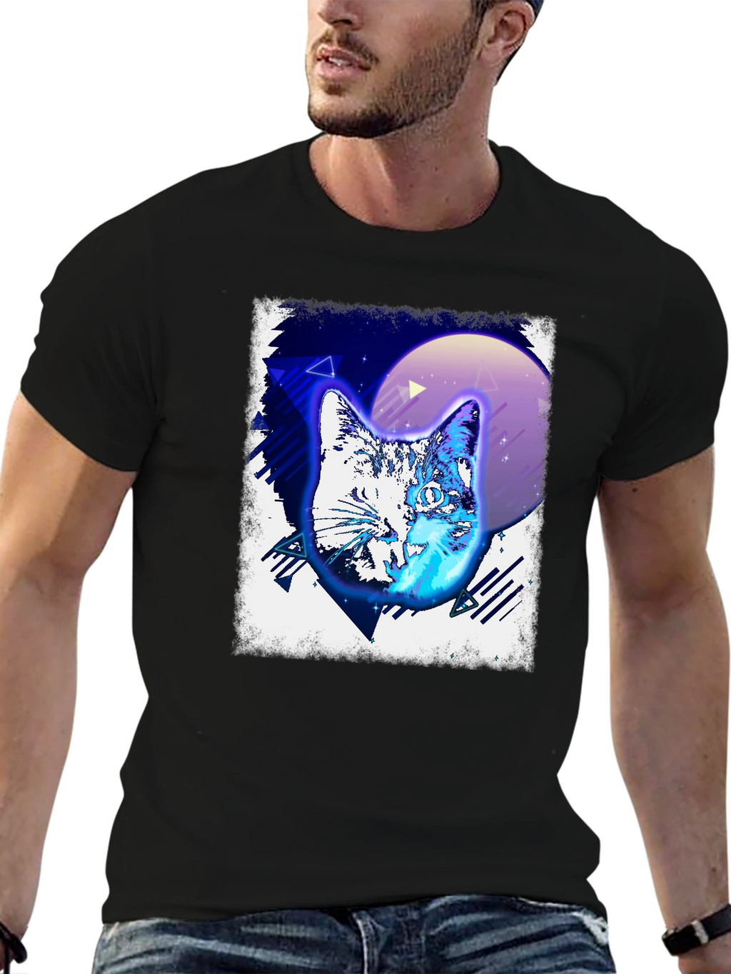 Retro Cat Graphic Tee - Black Cotton T-Shirt