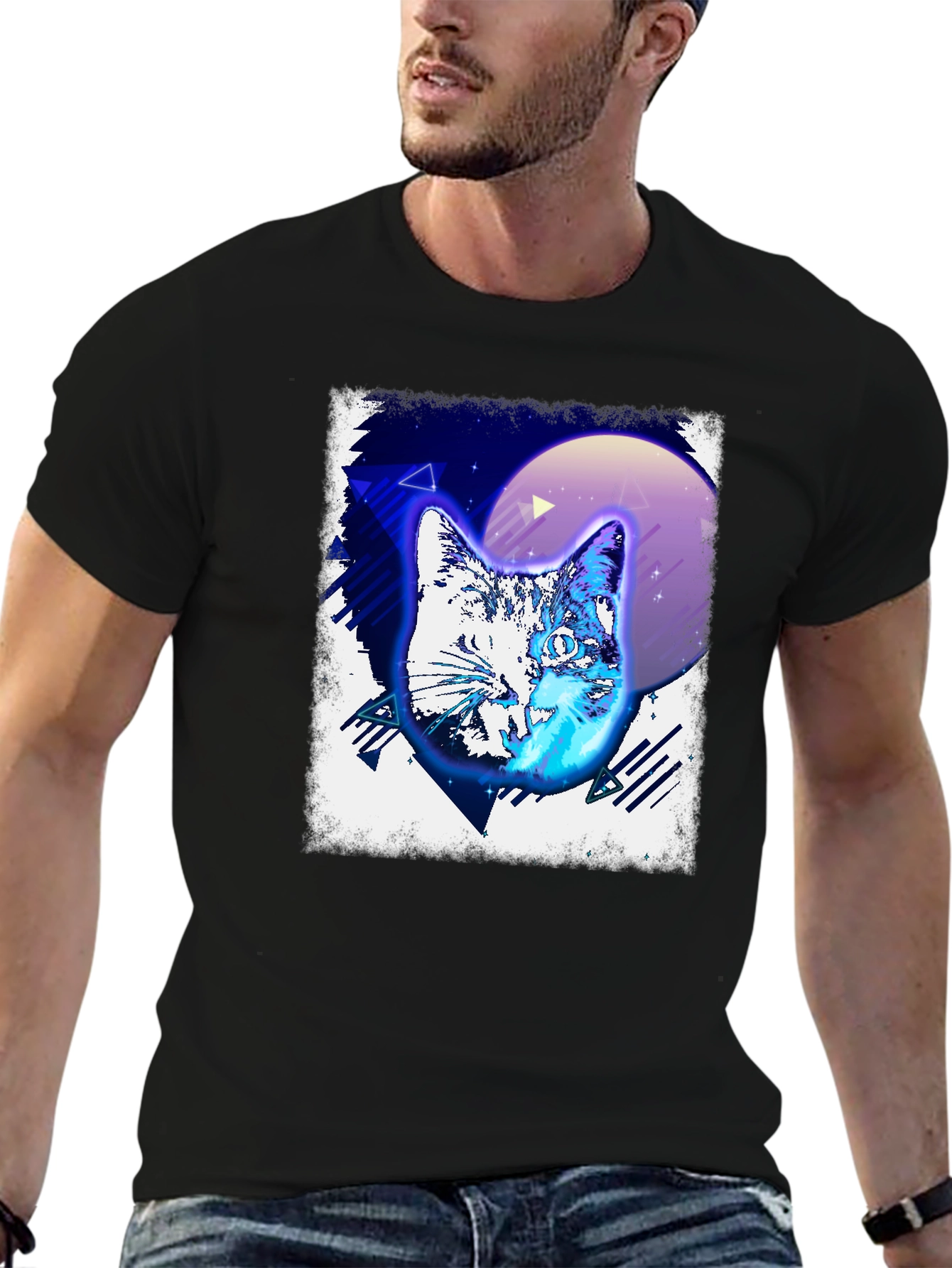 Retro Cat Graphic Tee - Black Cotton T-Shirt