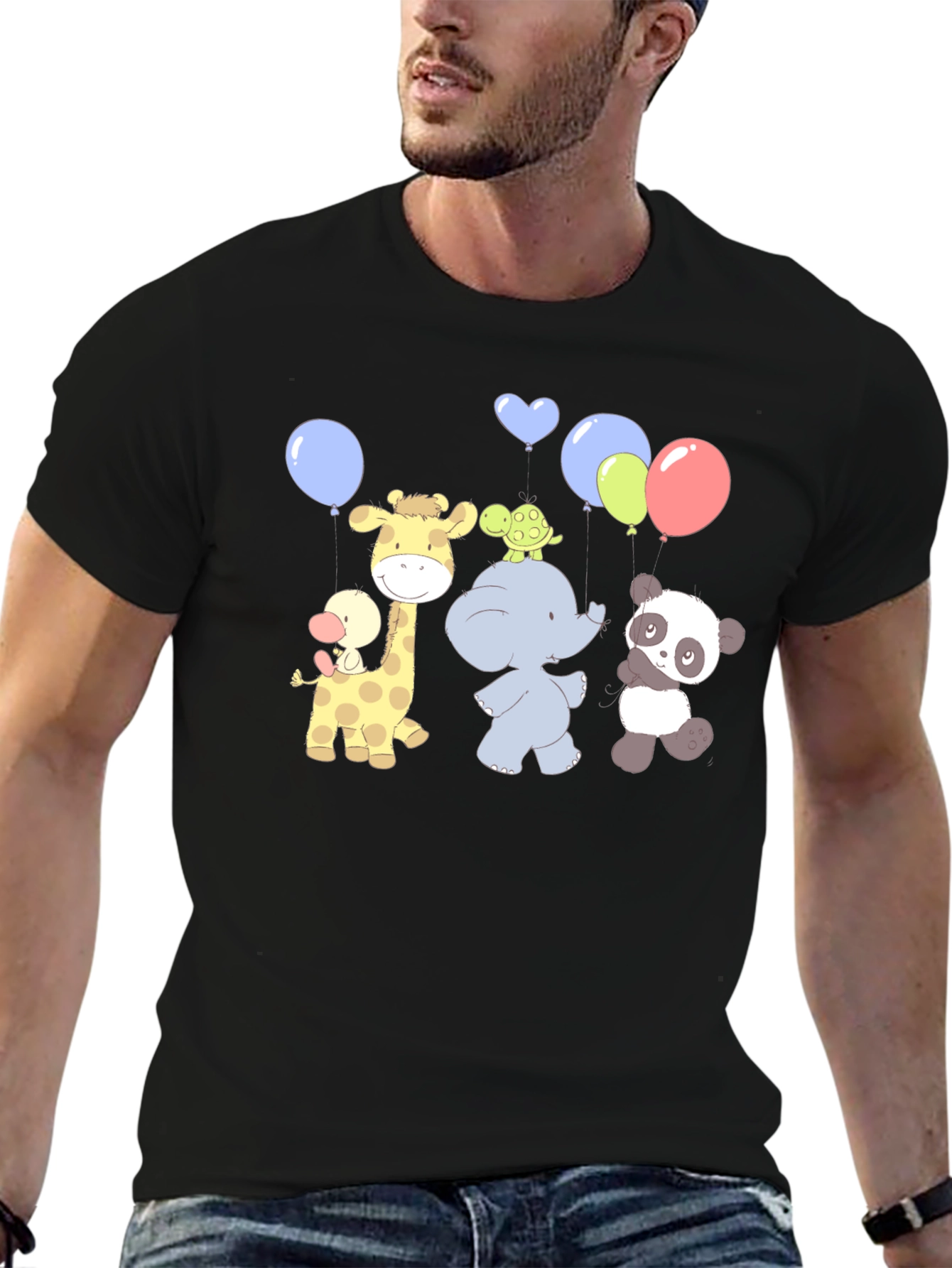 Cute Cartoon Animal Balloons Graphic Black T-Shirt
