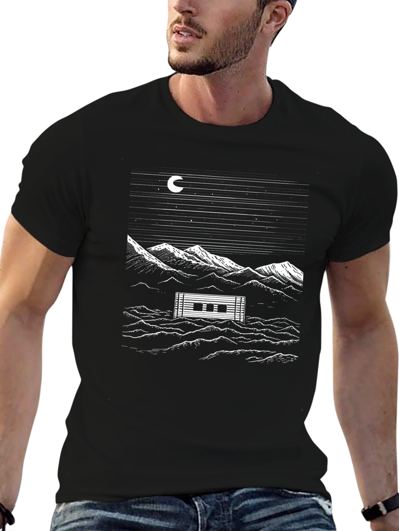 Black Graphic Tee - Cabin by Moonlight