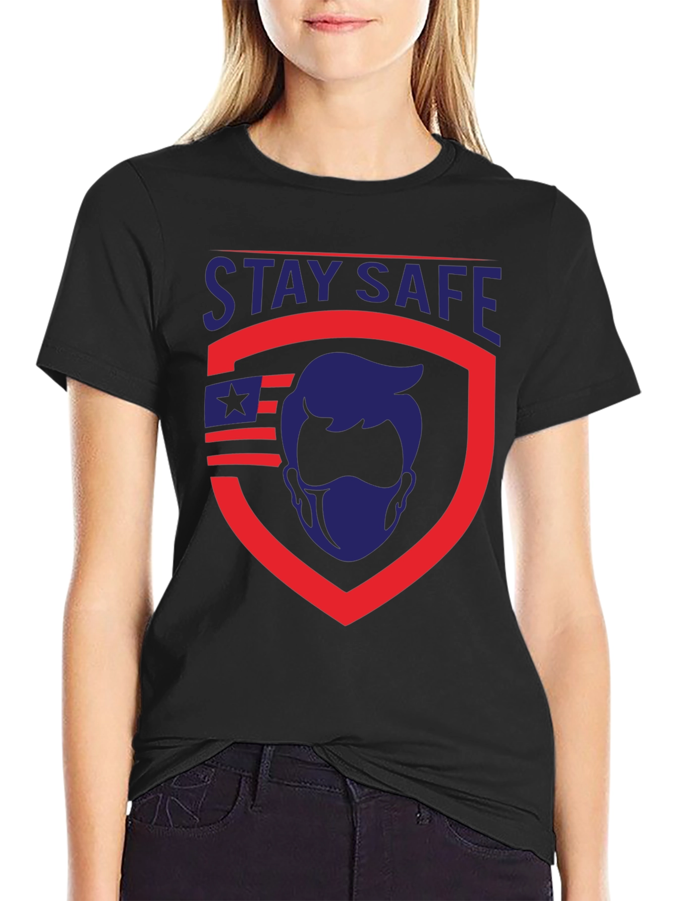 Stay Safe Graphic T-Shirt - Patriotic Shield Design