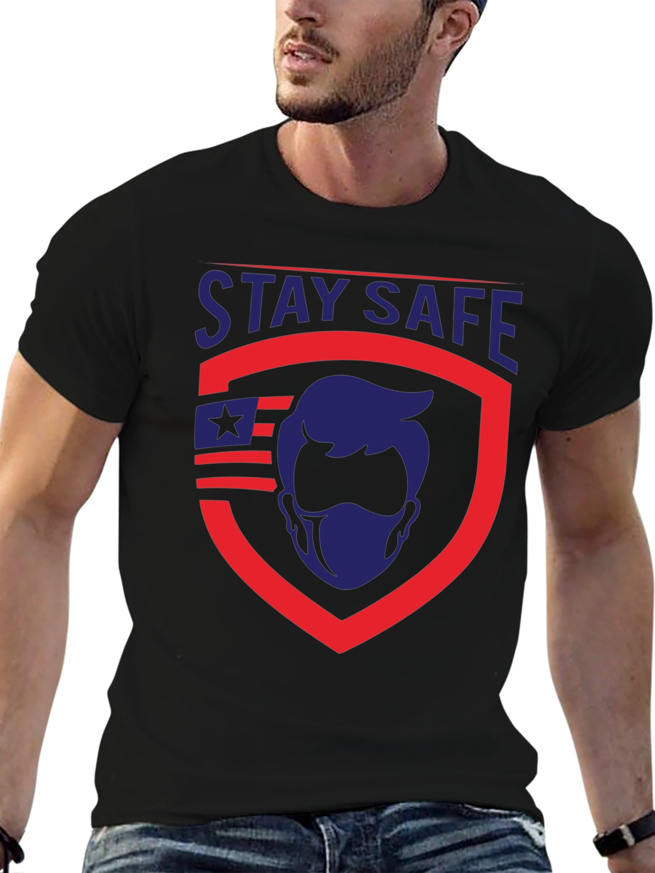 Stay Safe Graphic T-Shirt - Patriotic Shield Design