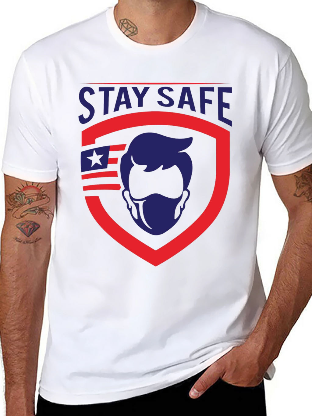 Stay Safe Graphic T-Shirt - Patriotic Shield Design