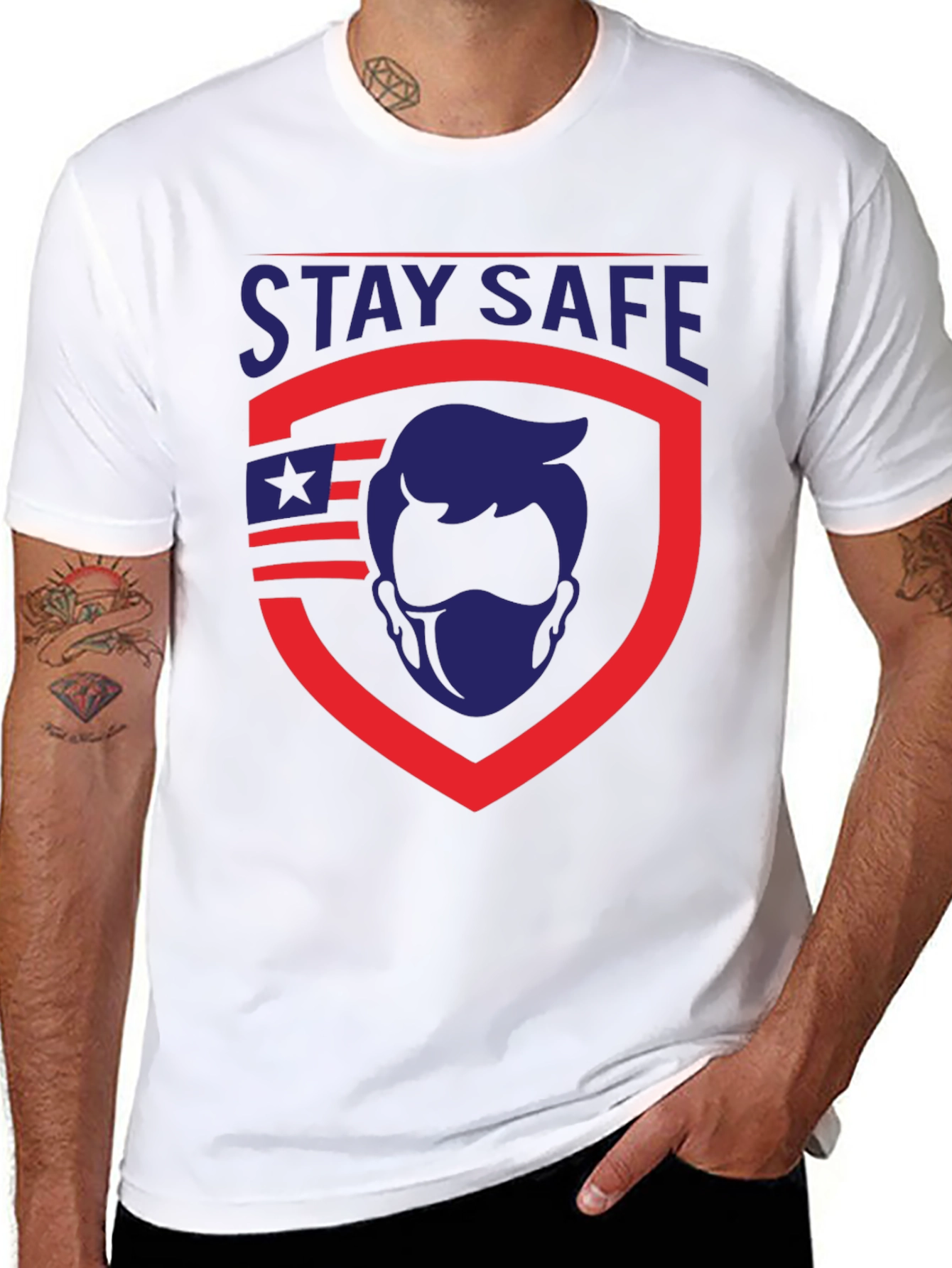 Stay Safe Graphic T-Shirt - Patriotic Shield Design