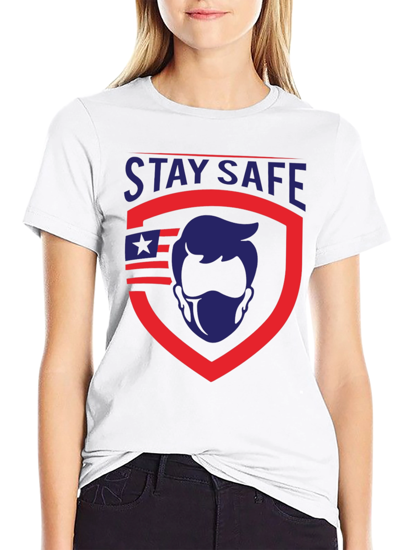 Stay Safe Graphic T-Shirt - Patriotic Shield Design