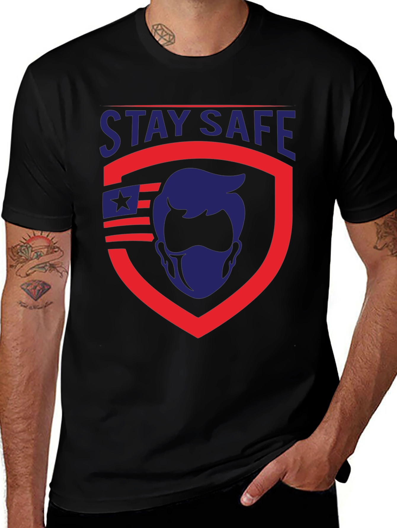 Stay Safe Graphic T-Shirt - Patriotic Shield Design