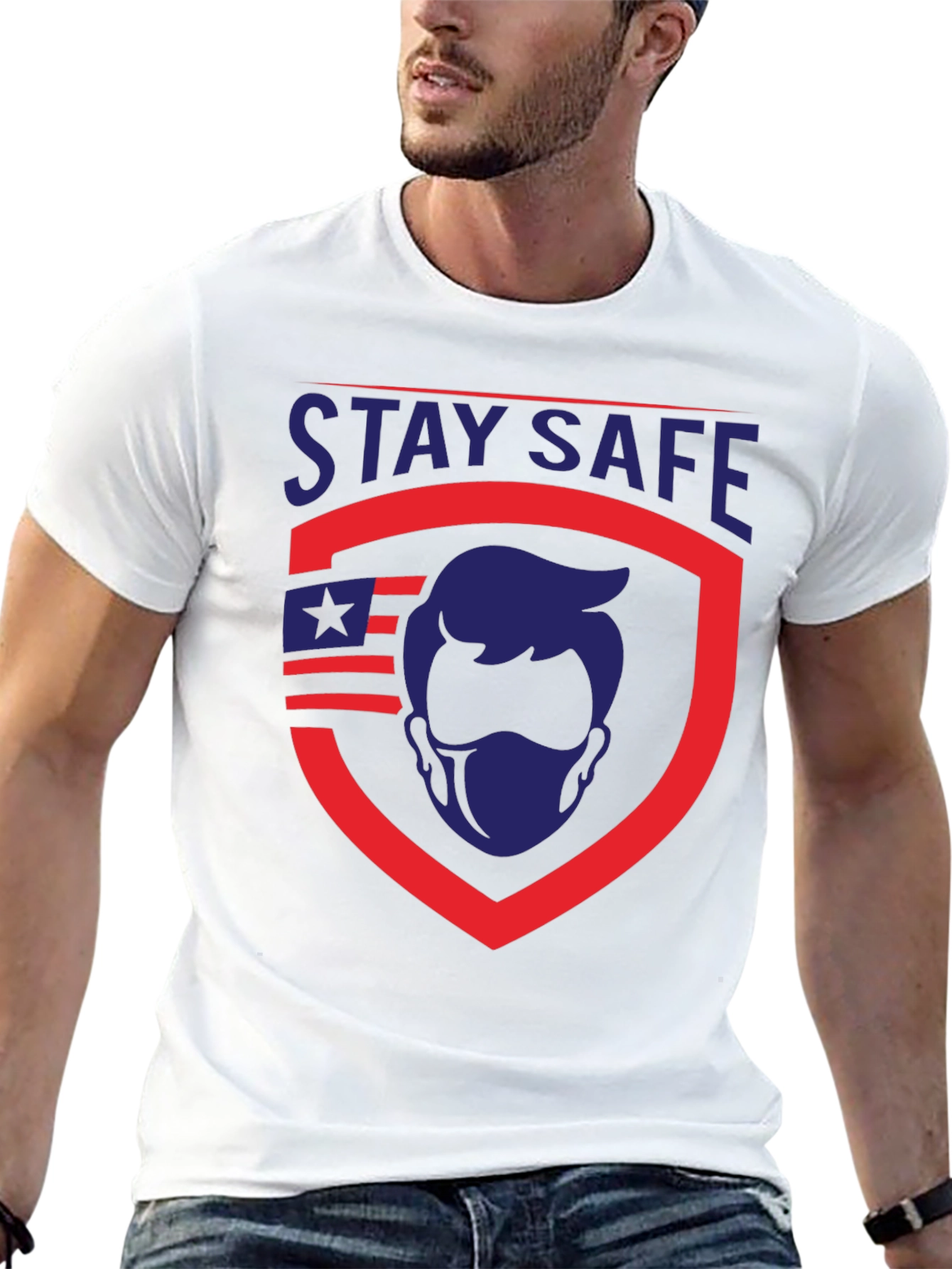Stay Safe Graphic T-Shirt - Patriotic Shield Design