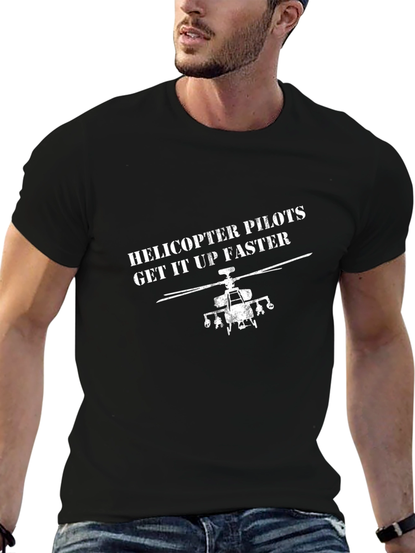Helicopter Pilot Graphic Tee - Black Cotton Blend
