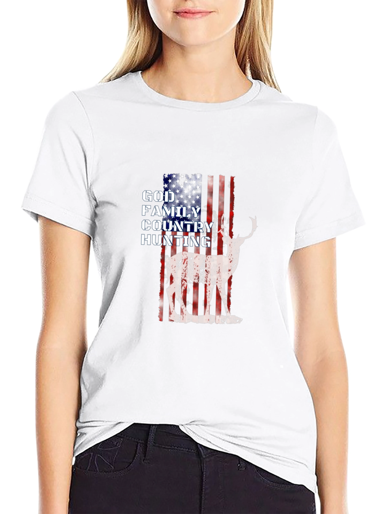God Family Country Hunting American Flag Deer Graphic T-Shirt