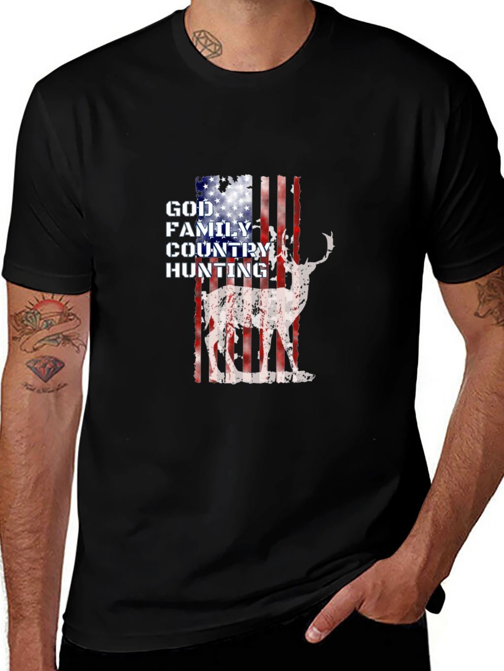 God Family Country Hunting American Flag Deer Graphic T-Shirt