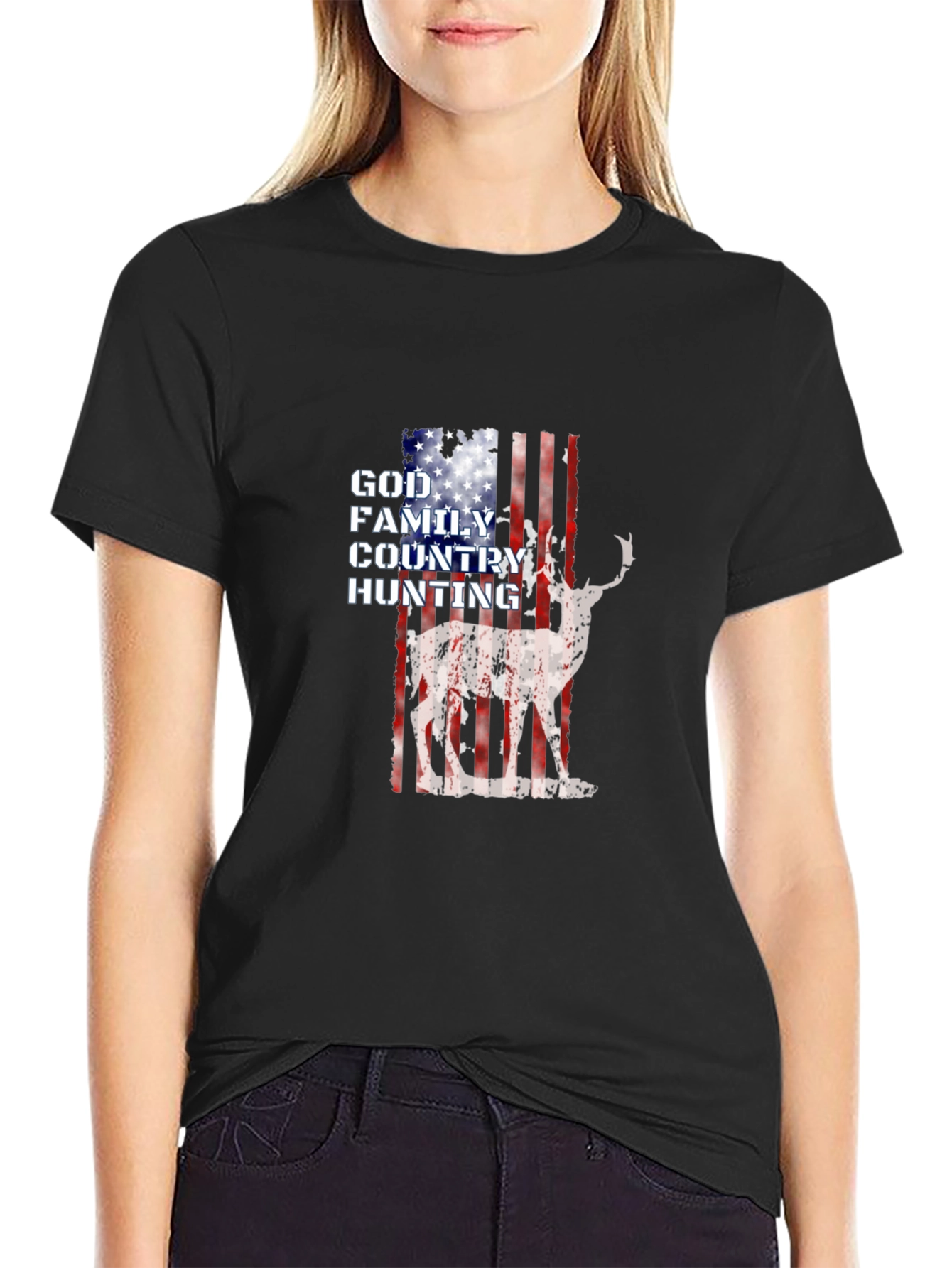 God Family Country Hunting American Flag Deer Graphic T-Shirt