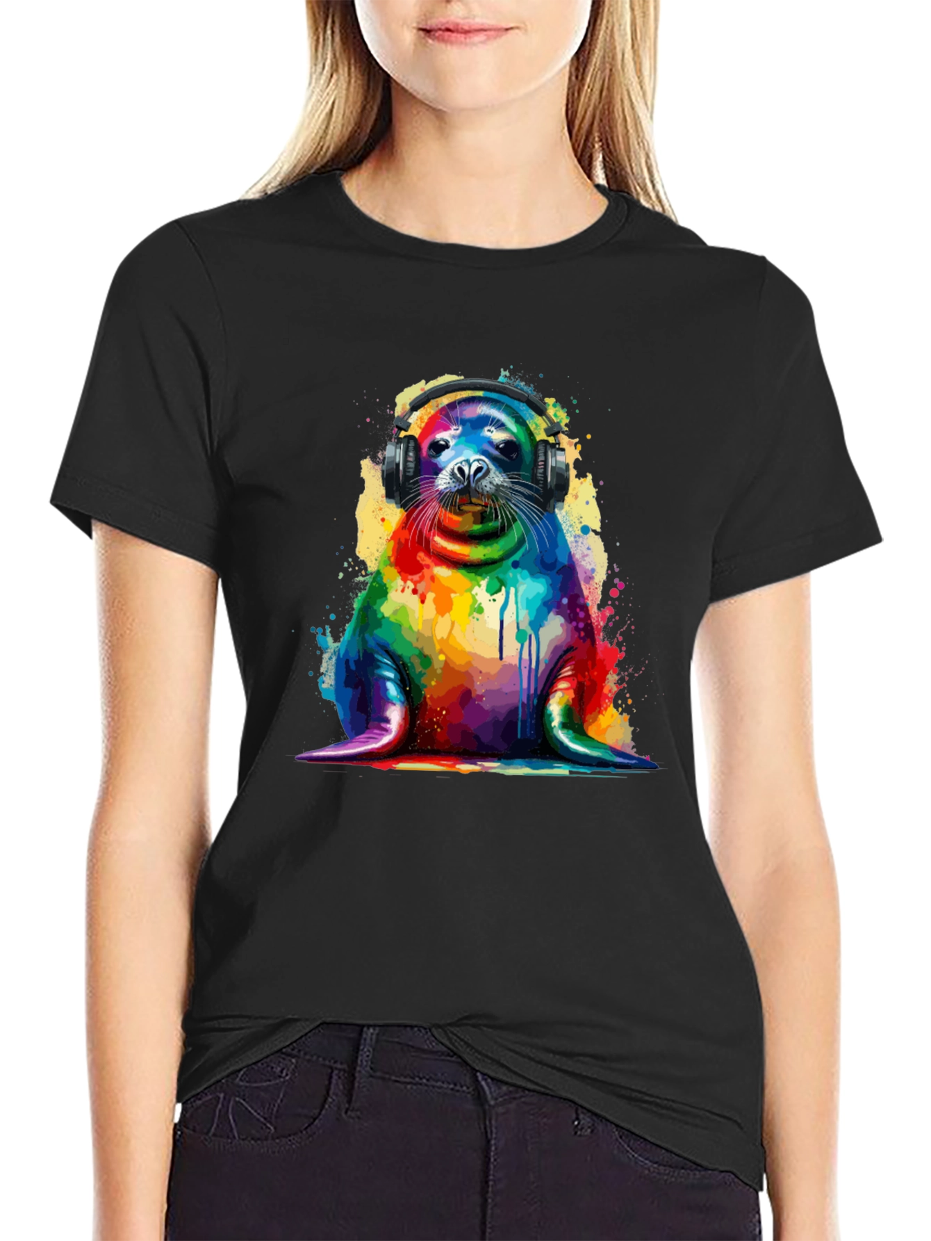 Rainbow Seal Graphic Tee - Vibrant Animal Lover Shirt