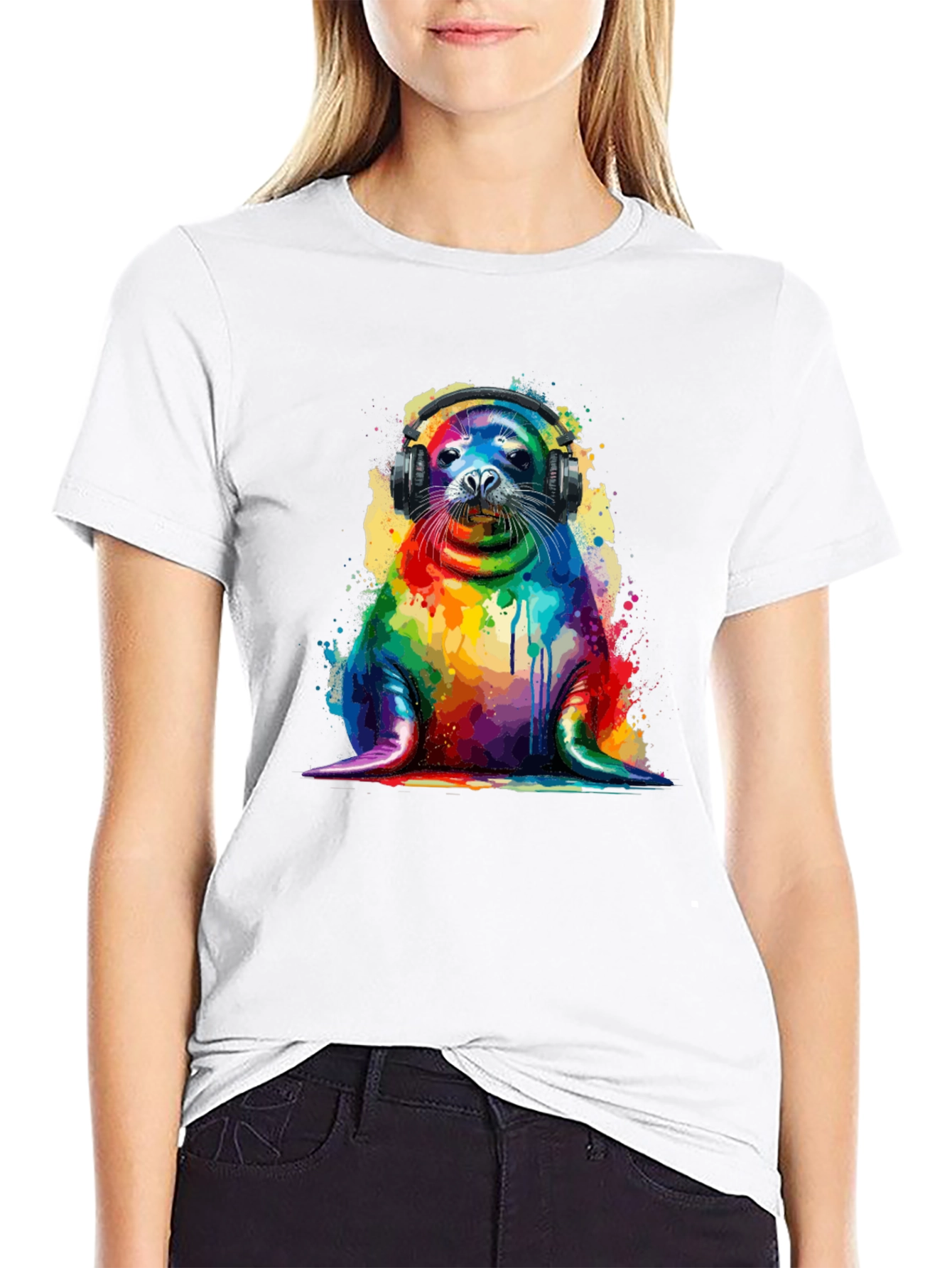 Rainbow Seal Graphic Tee - Vibrant Animal Lover Shirt