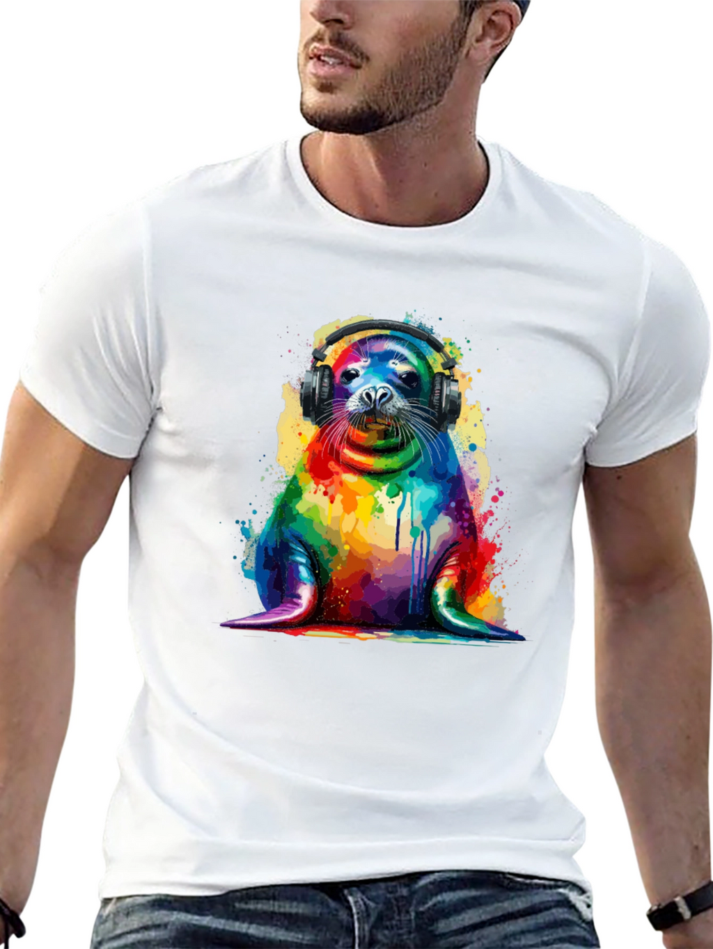 Rainbow Seal Graphic Tee - Vibrant Animal Lover Shirt