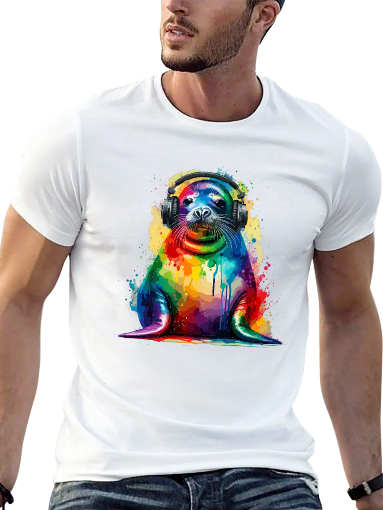 Rainbow Seal Graphic Tee - Vibrant Animal Lover Shirt