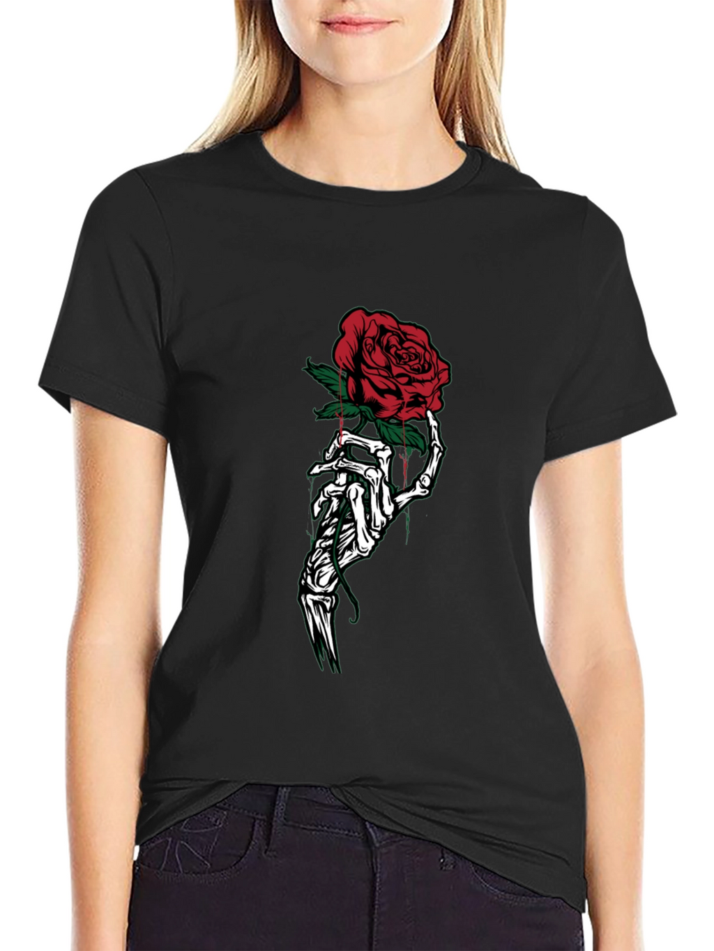 Rose Skeleton Hand Graphic Tee - Black