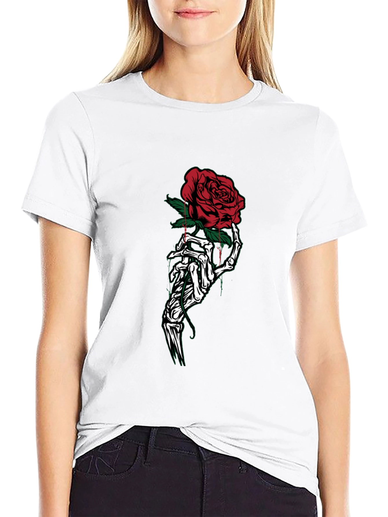 Rose Skeleton Hand Graphic Tee - Black