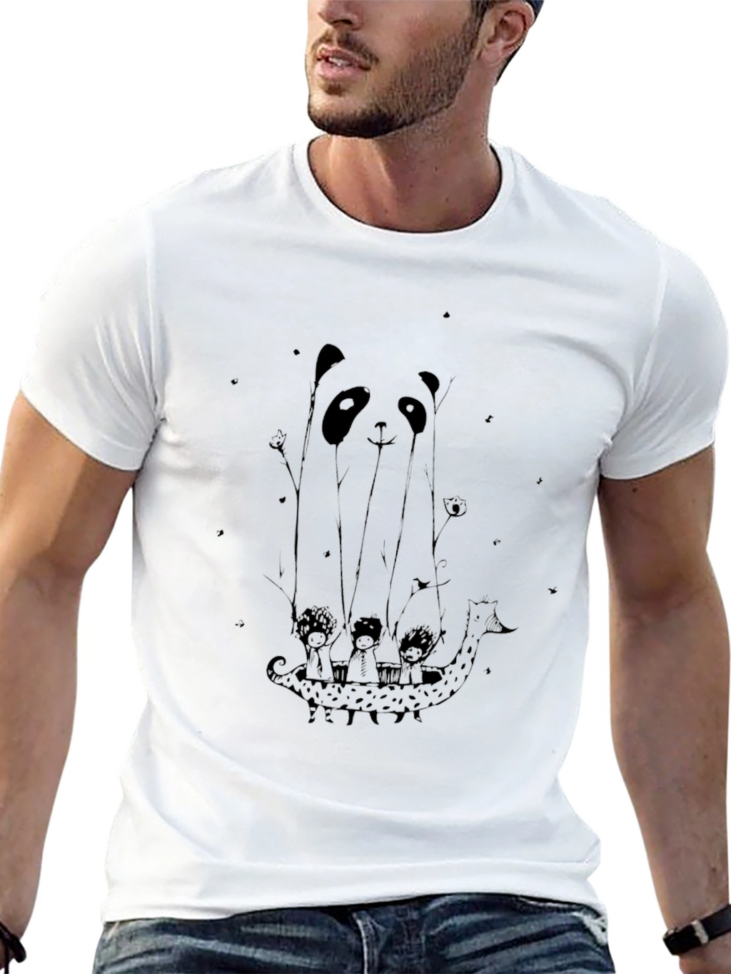 Panda Boat Ride Graphic Tee - Black Cotton T-Shirt