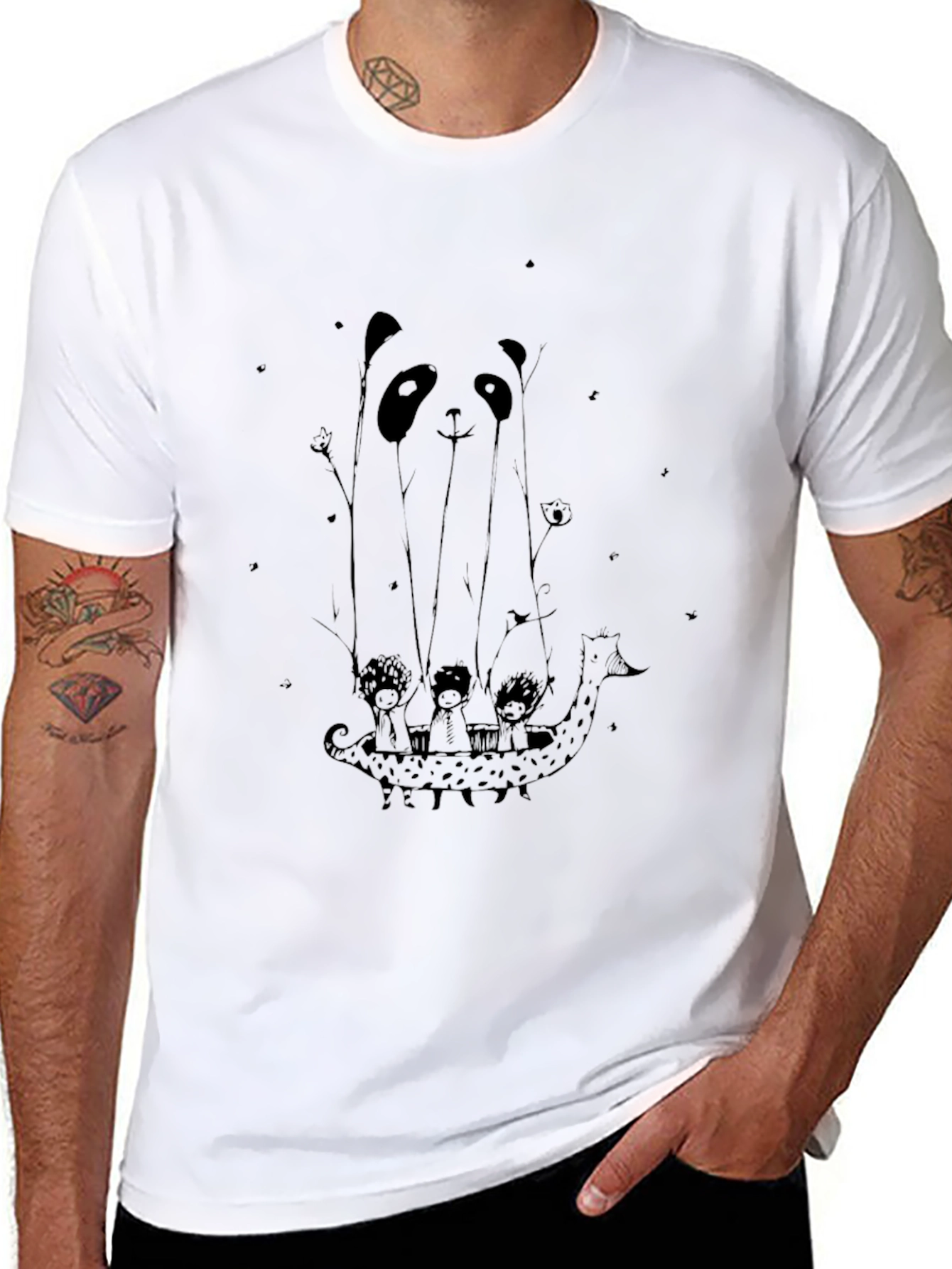 Panda Boat Ride Graphic Tee - Black Cotton T-Shirt
