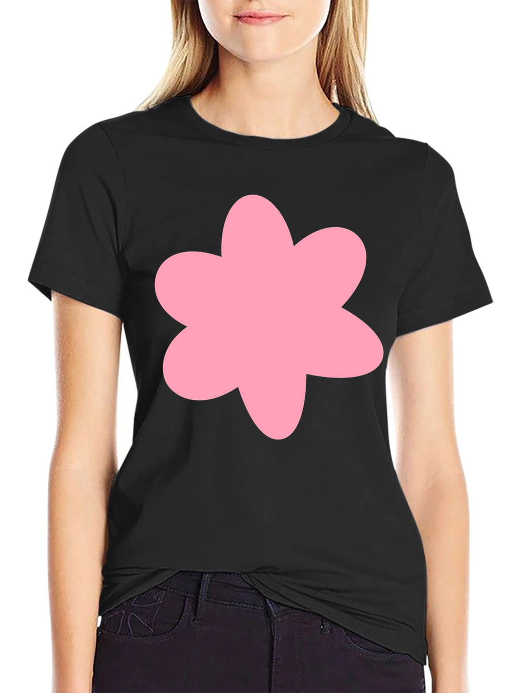 Pink Flower Graphic Black T-Shirt