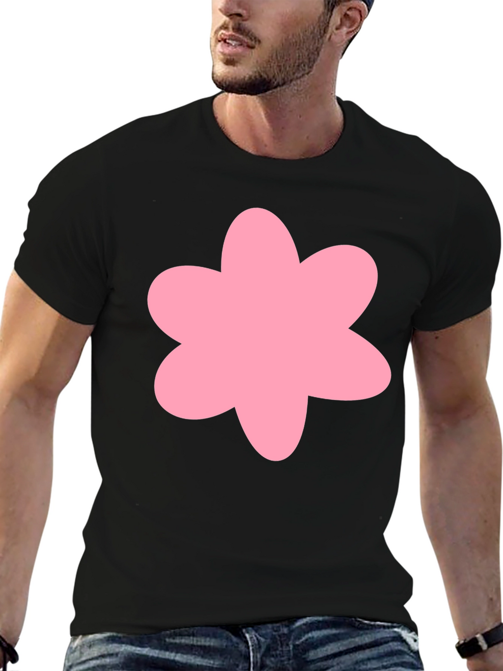 Pink Flower Graphic Black T-Shirt