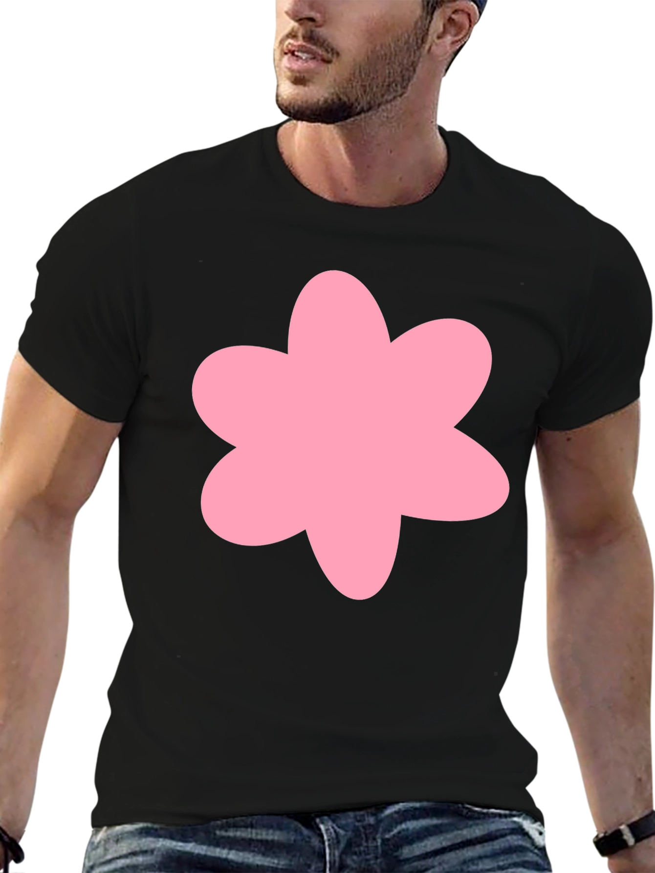Pink Flower Graphic Black T-Shirt