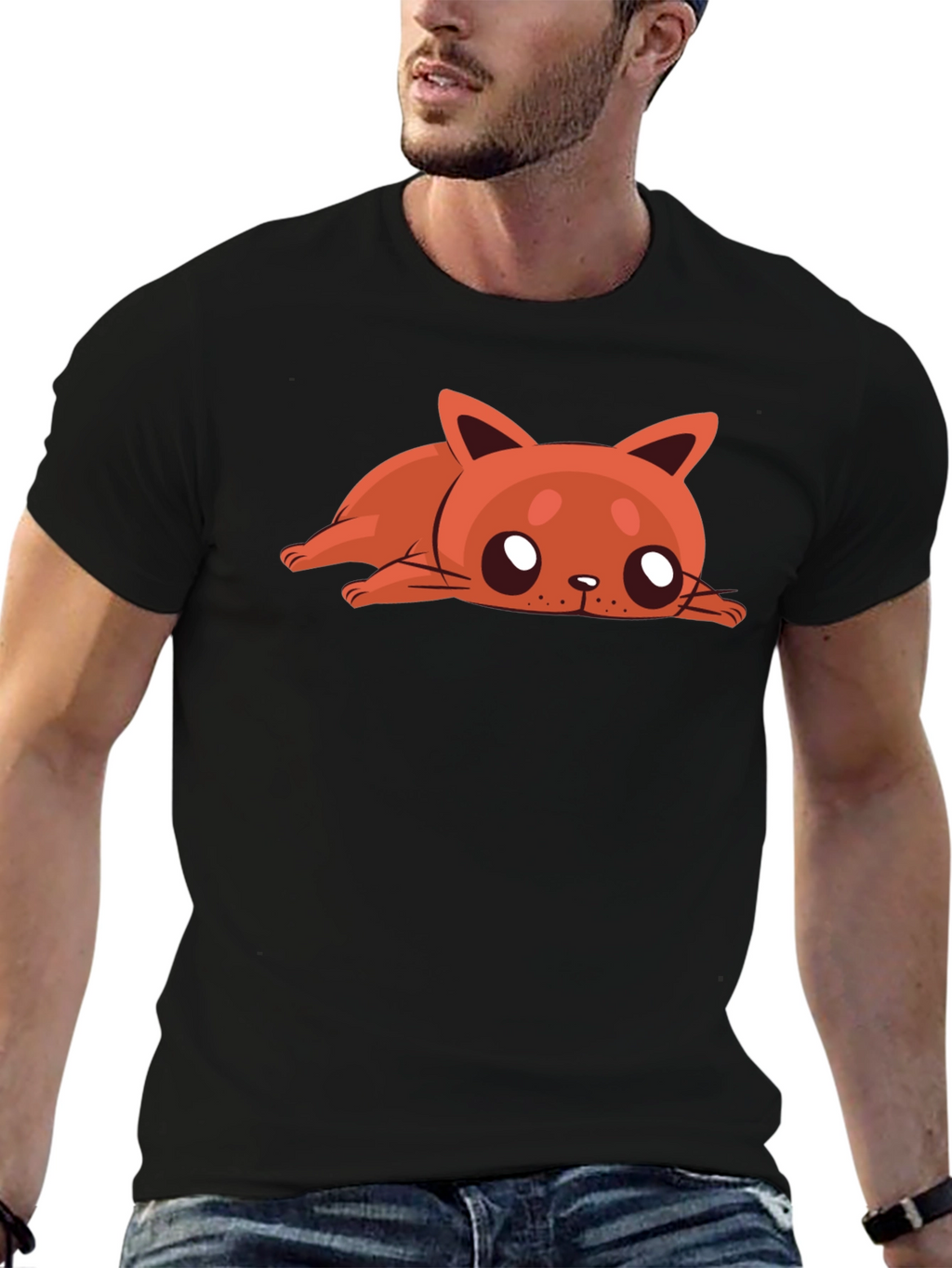 Cartoon Cat Graphic Tee - Relaxed Fit Black T-Shirt